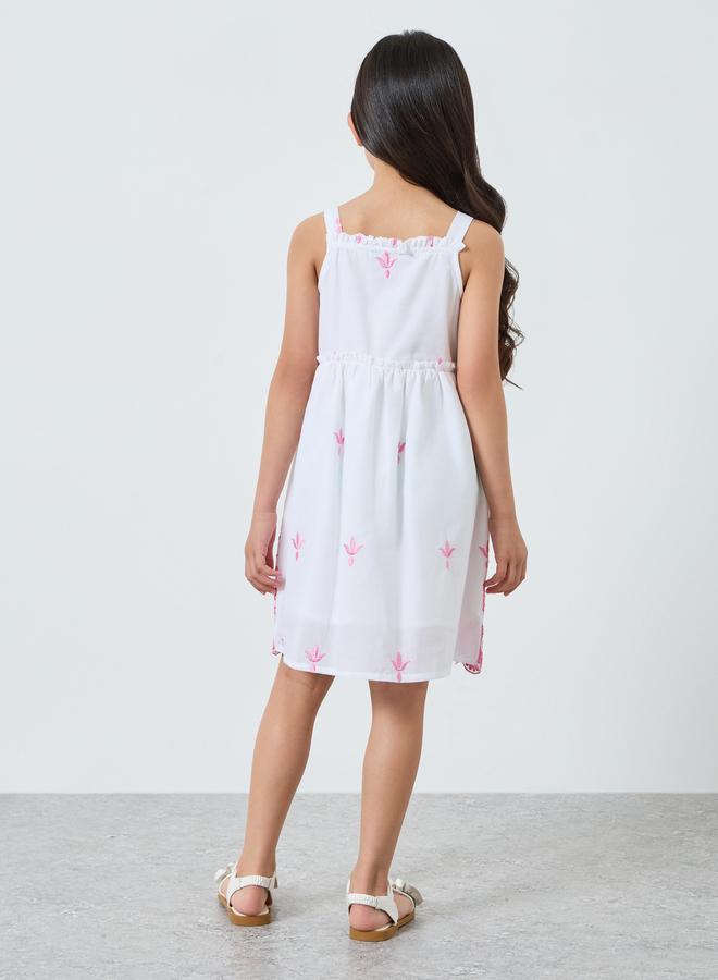 Styli Girls White Embroidered Hem Strappy A-Line Dress - Image 3